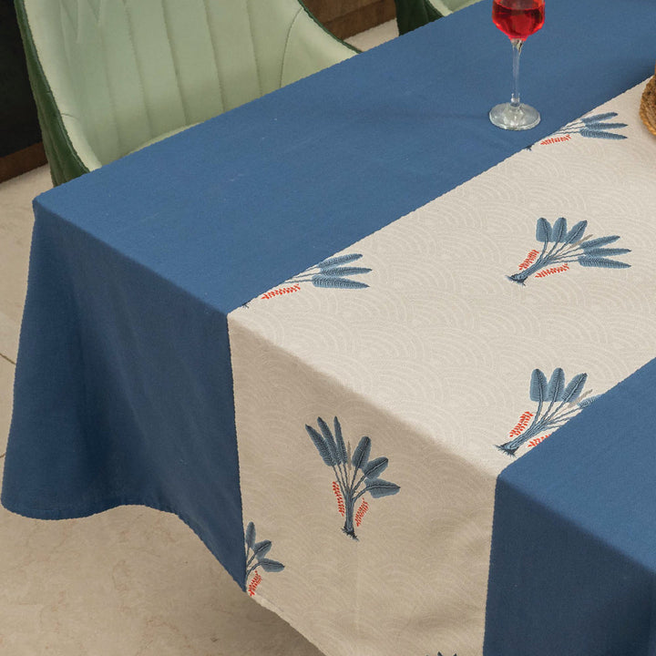 100% Cotton Dining Table Cover, Table Cloth With Panelled Design - Palm Lagoon Indigo