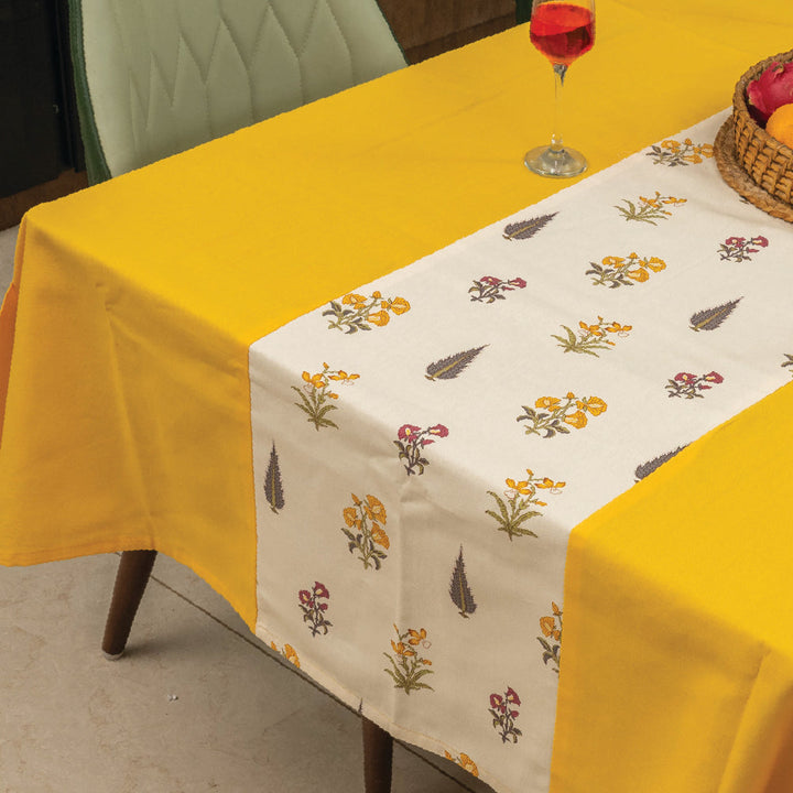 100% Cotton Dining Table Cover, Table Cloth With Panelled Design - High Garden Yellow