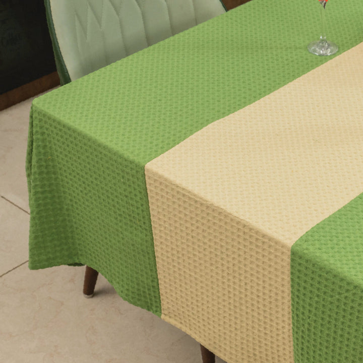 100% Cotton Waffle Weave Dining Table Cover, Table Cloth With Panelled Design - Sage Green & Beige