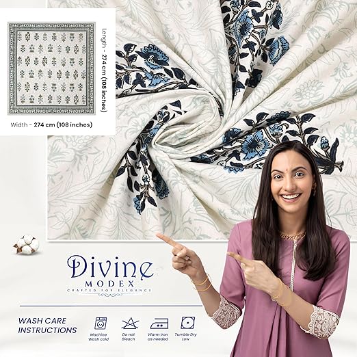 Divine Modex 100% Pure Cotton 144 TC Printed Super King Bedsheet with 2 Pillow Covers - Blue and Off White