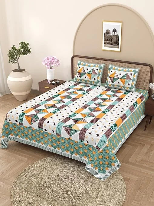 144 TC 100% Cotton Abstract Double Size Bedsheet with 2 Pillow Cover (93" X 108" Inches, Multi)