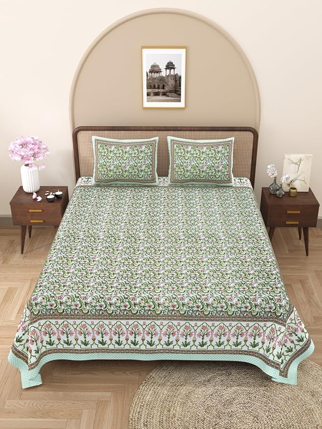 Divine Modex 144 TC 100% Cotton Floral Double Size Bedsheet with 2 Pillow Cover (93" X 108" Inches, Green)