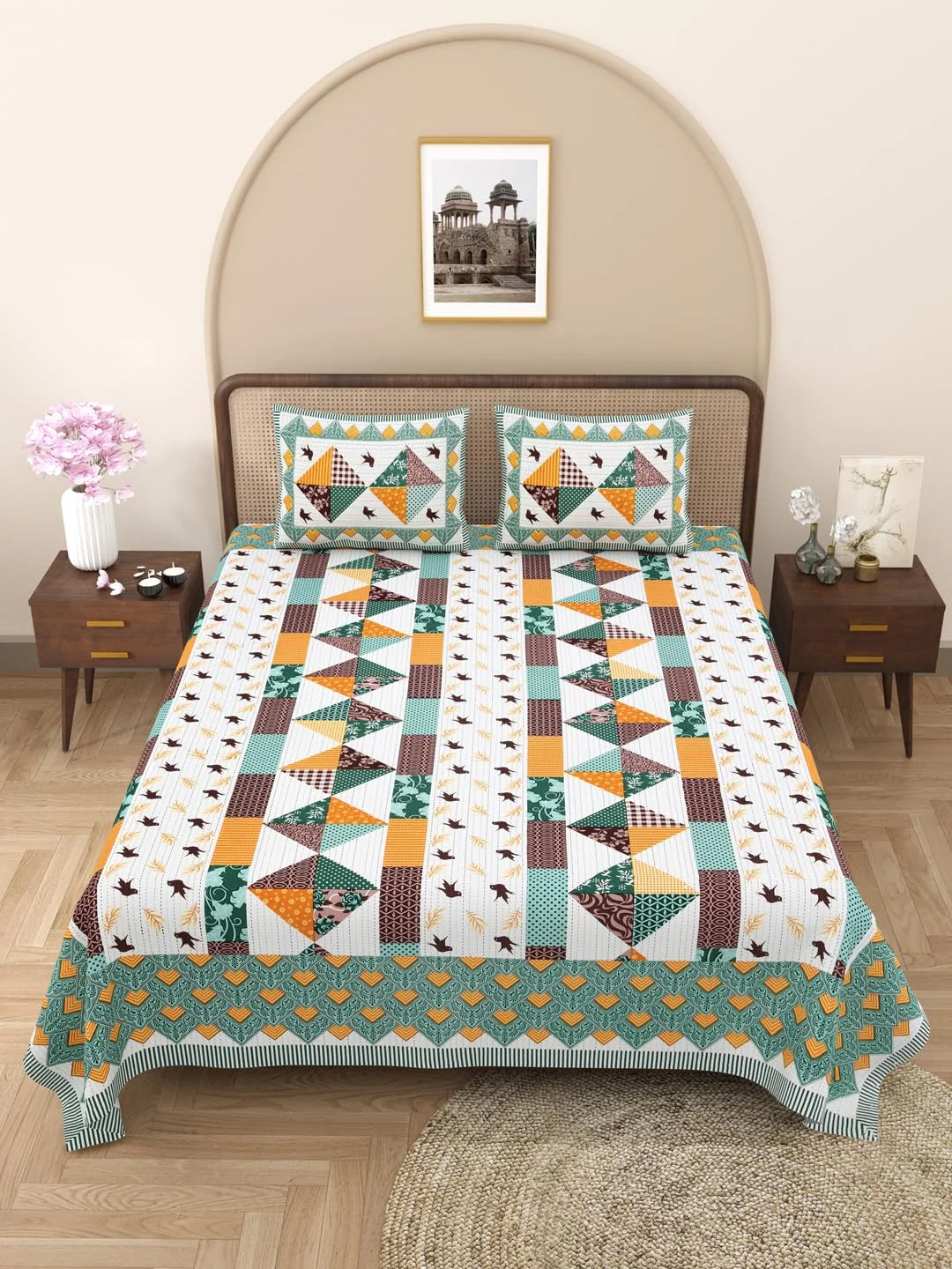 144 TC 100% Cotton Abstract Double Size Bedsheet with 2 Pillow Cover (93" X 108" Inches, Multi)