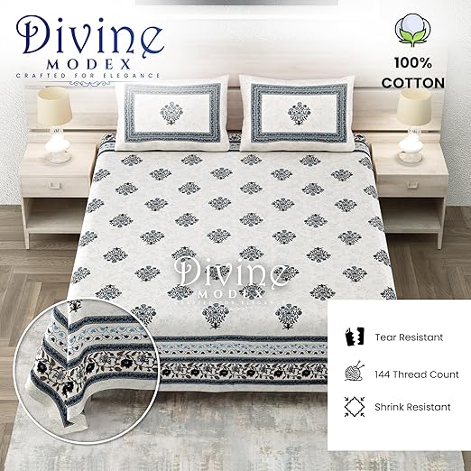 Divine Modex 100% Pure Cotton 144 TC Printed Super King Bedsheet with 2 Pillow Covers - Blue and Off White