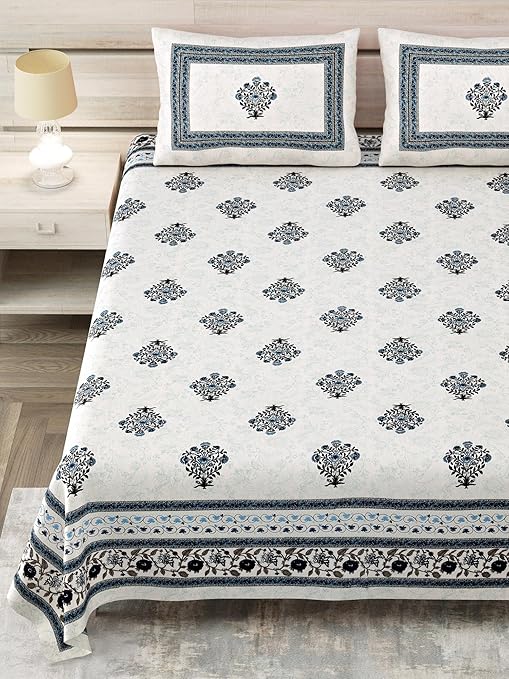 Divine Modex 100% Pure Cotton 144 TC Printed Super King Bedsheet with 2 Pillow Covers - Blue and Off White