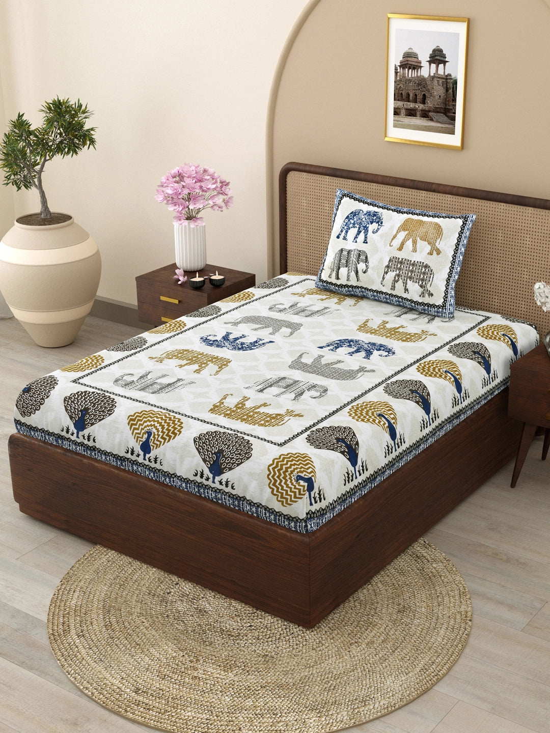 144 TC 100% Cotton Animal Print Single Size Bedsheet with 1 Pillow Cover (63" X 90" Inches, White and Blue)