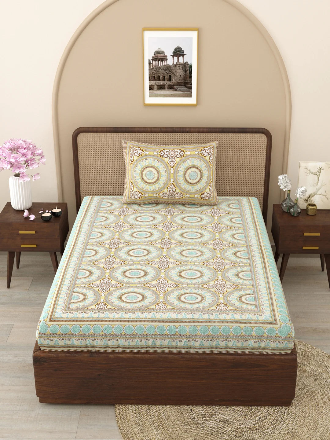 144 TC 100% Cotton Mandala Single Size Bedsheet with 1 Pillow Cover (63" X 90" Inches, Beige)