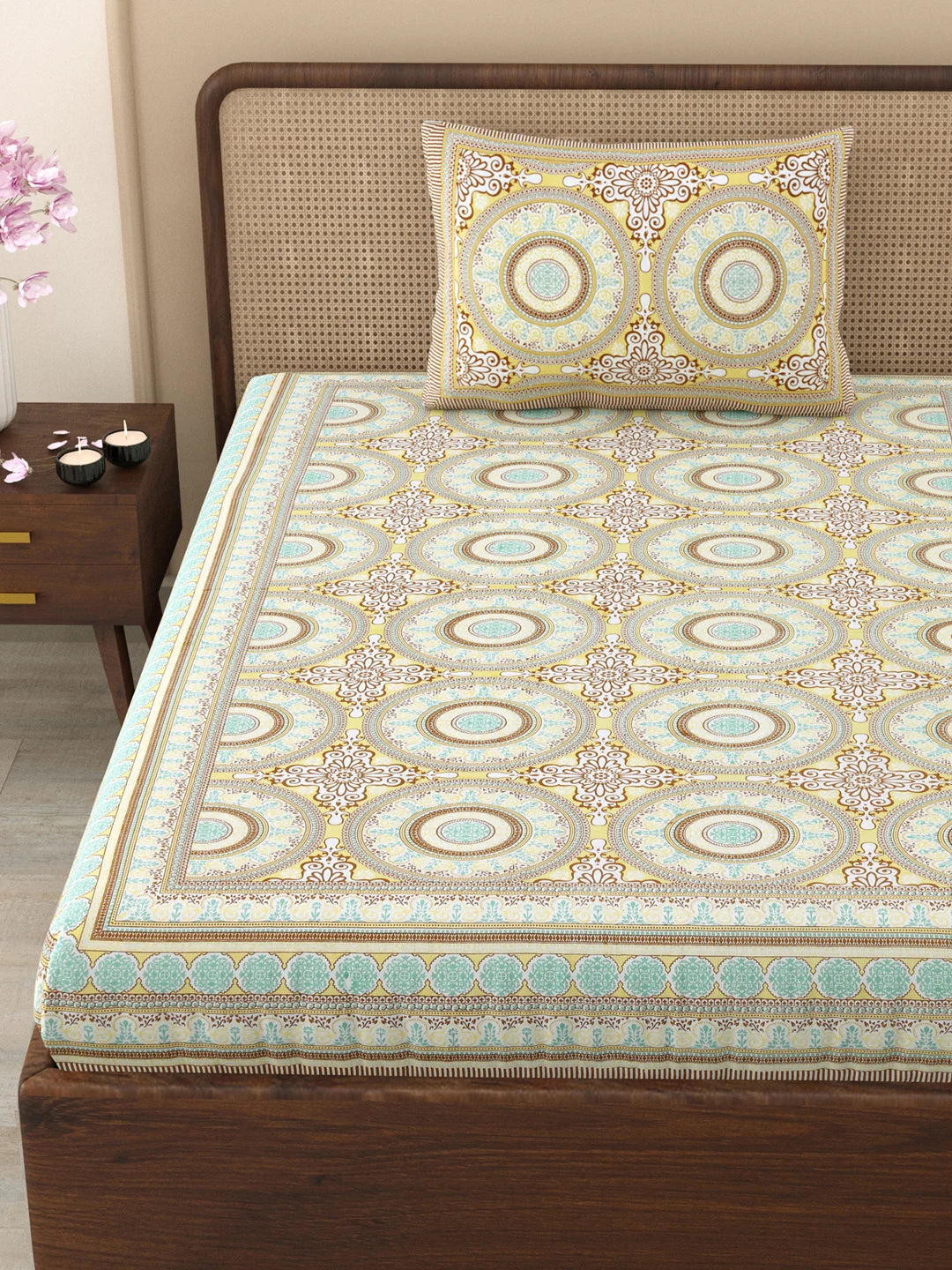 144 TC 100% Cotton Mandala Single Size Bedsheet with 1 Pillow Cover (63" X 90" Inches, Beige)