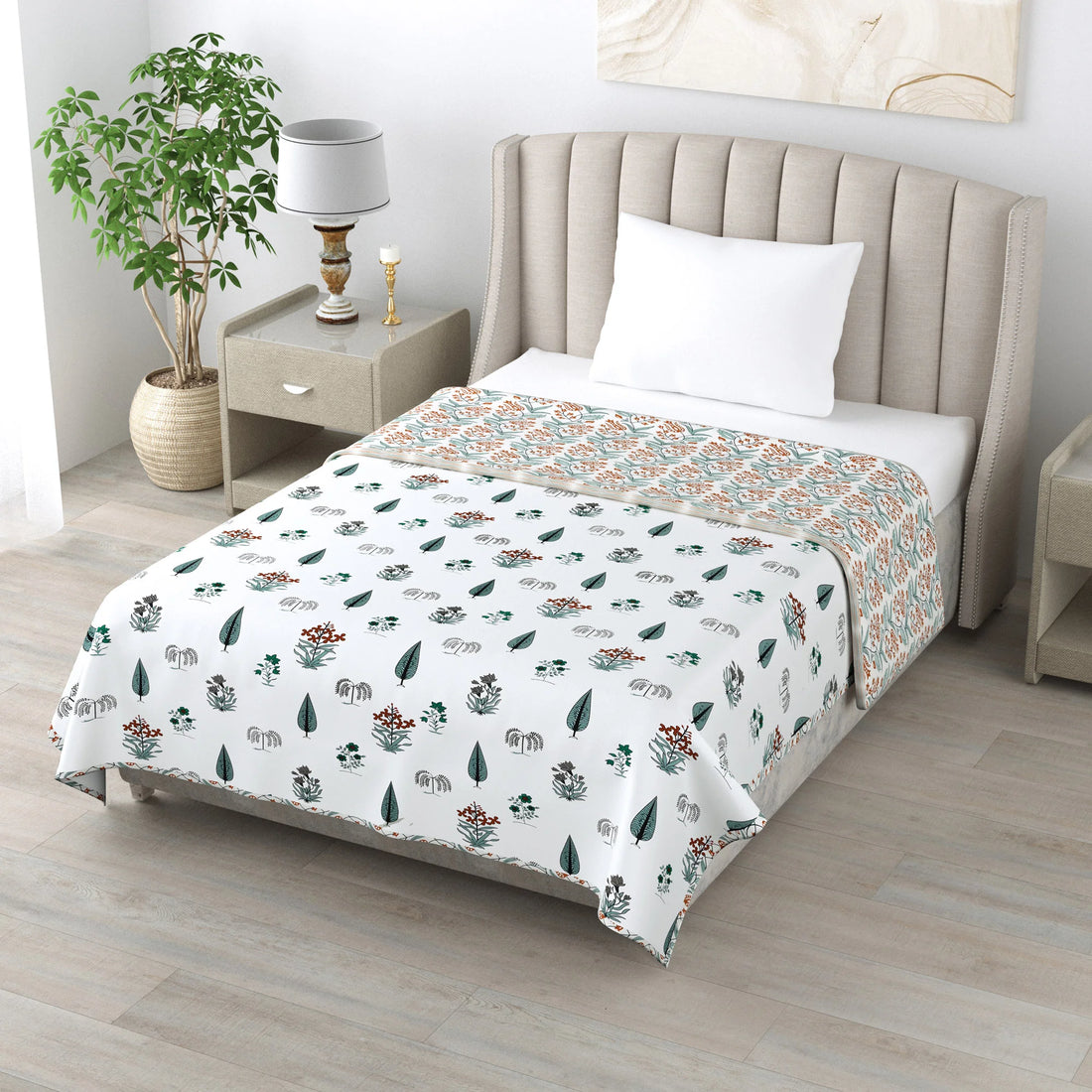 Floral Print 3 Layer Mulmul Feel 100% Pure Cotton Reversible Single Bed Dohar/Quilt/Blanket (60" x 90", White and Orange)