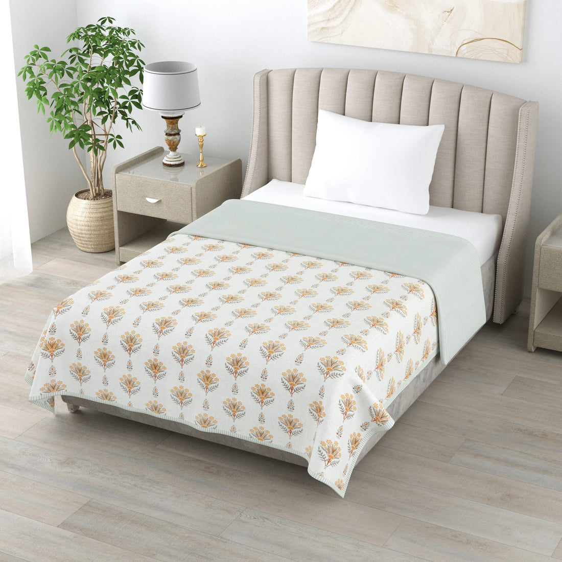 Floral Print 3 Layer Mulmul Feel 100% Pure Cotton Reversible Single Bed Dohar/Quilt/Blanket (60" x 90", Grey and Yellow)