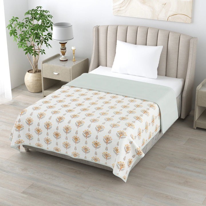 Floral Print 3 Layer Mulmul Feel 100% Pure Cotton Reversible Single Bed Dohar/Quilt/Blanket (60" x 90", Grey and Yellow)