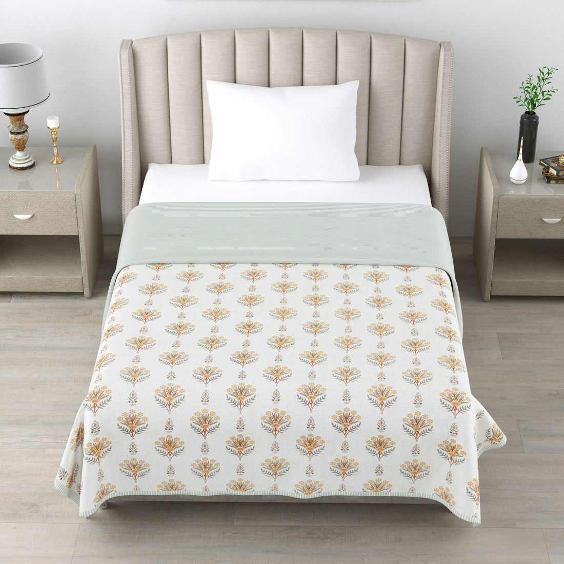 Floral Print 3 Layer Mulmul Feel 100% Pure Cotton Reversible Single Bed Dohar/Quilt/Blanket (60" x 90", Grey and Yellow)