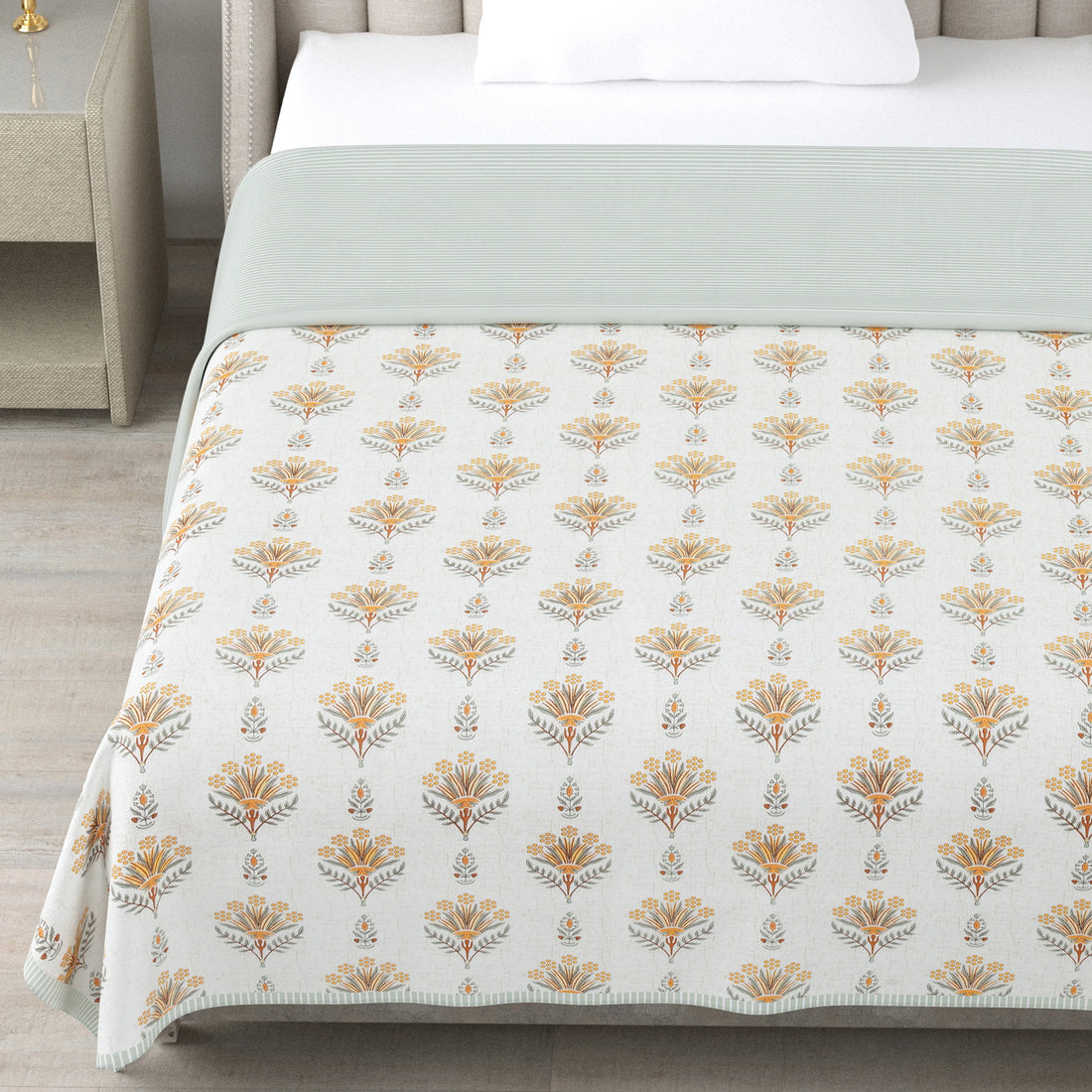 Floral Print 3 Layer Mulmul Feel 100% Pure Cotton Reversible Single Bed Dohar/Quilt/Blanket (60" x 90", Grey and Yellow)