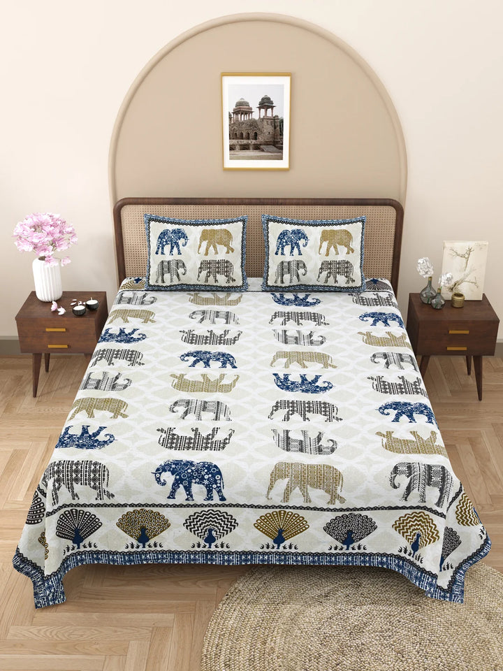 144 TC 100% Cotton Animal Print Double Size Bedsheet with 2 Pillow Cover (93" X 108" Inches, White and Blue)