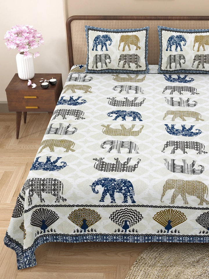 144 TC 100% Cotton Animal Print Double Size Bedsheet with 2 Pillow Cover (93" X 108" Inches, White and Blue)