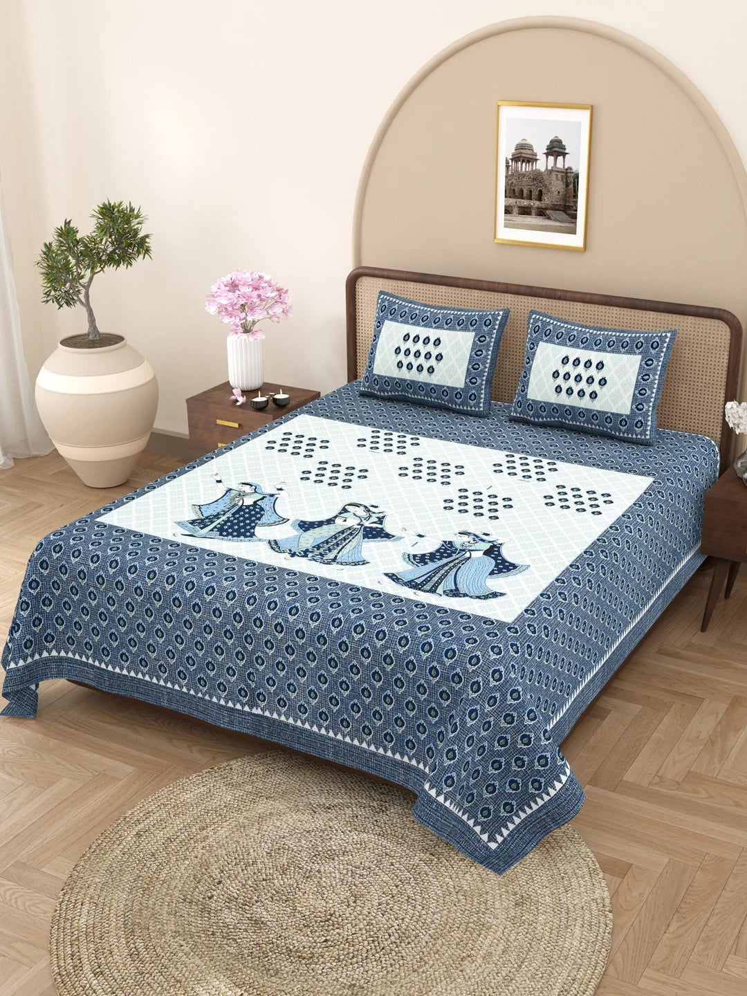 144 TC 100% Cotton Dandiya Double Size Bedsheet with 2 Pillow Cover (93" X 108" Inches, Blue)