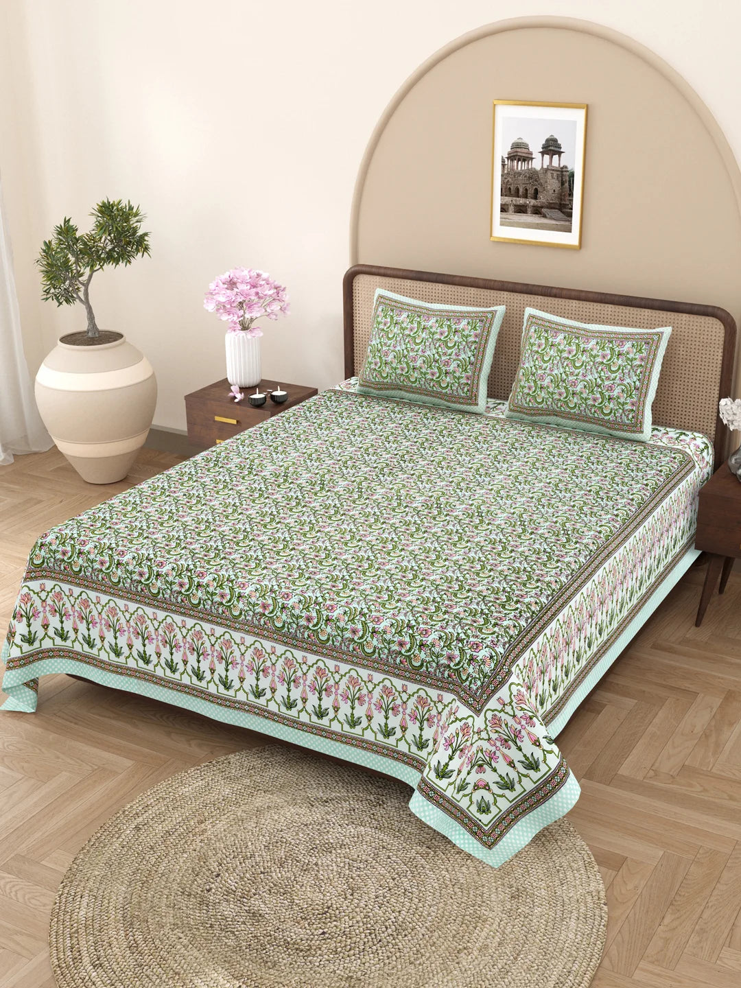 144 TC 100% Cotton Abstract Double Size Bedsheet with 2 Pillow Cover (93" X 108" Inches, Green)