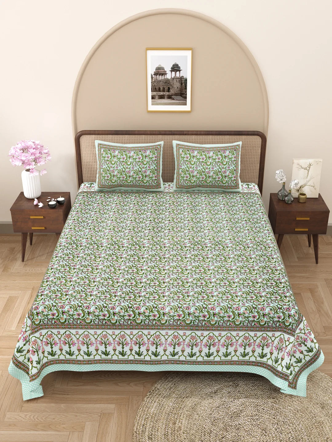 144 TC 100% Cotton Abstract Double Size Bedsheet with 2 Pillow Cover (93" X 108" Inches, Green)