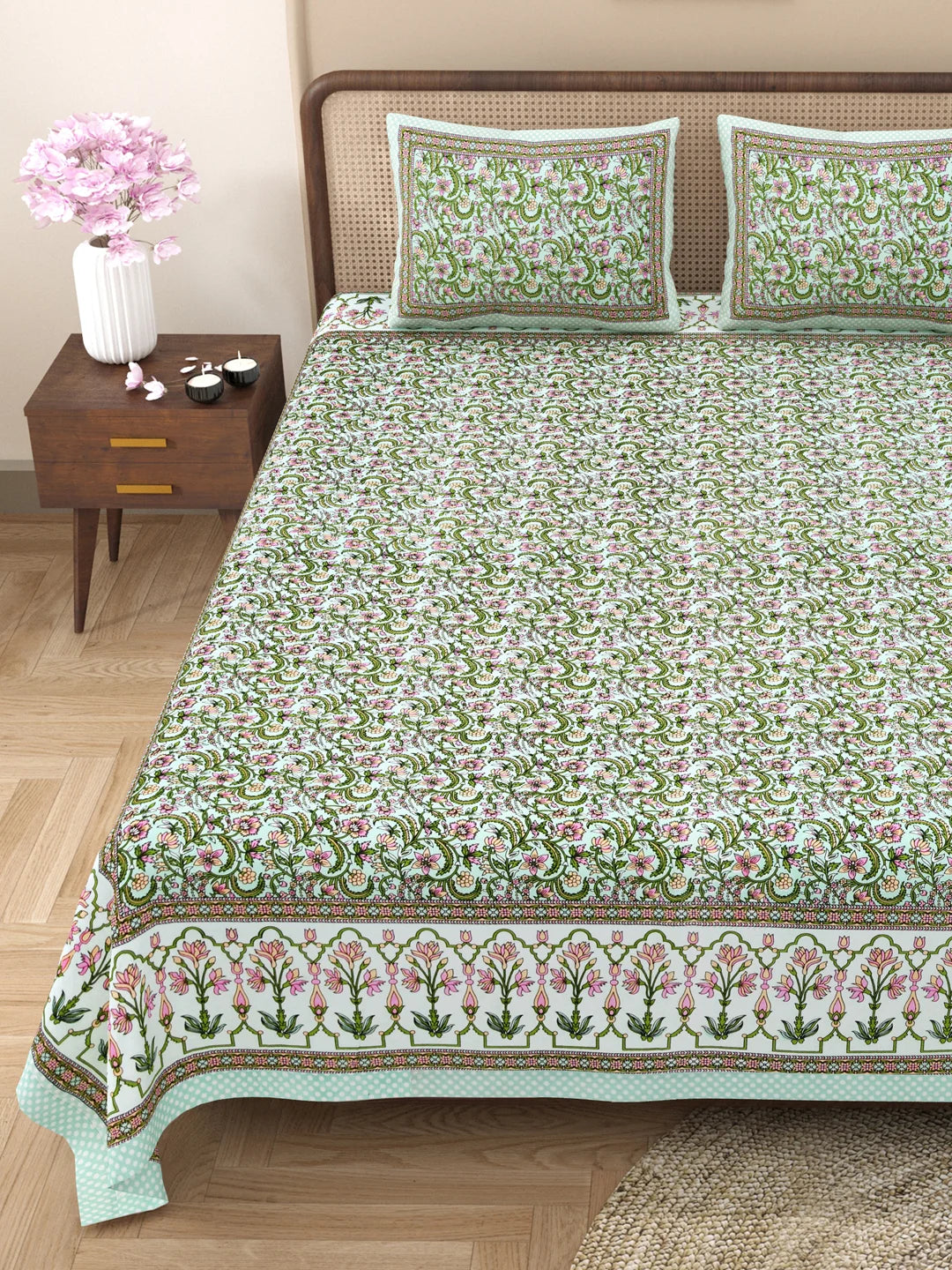 144 TC 100% Cotton Abstract Double Size Bedsheet with 2 Pillow Cover (93" X 108" Inches, Green)