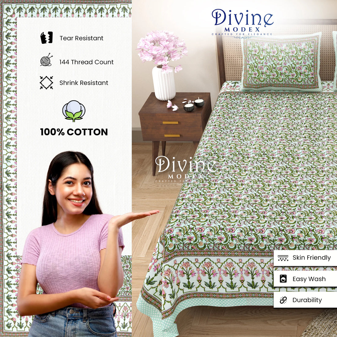 144 TC 100% Cotton Abstract Double Size Bedsheet with 2 Pillow Cover (93" X 108" Inches, Green)