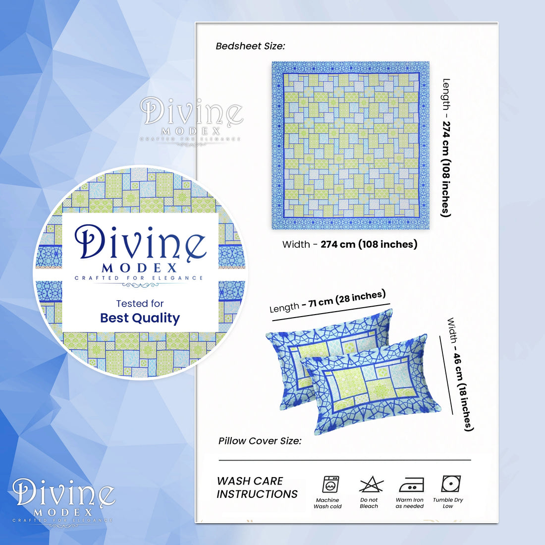 100% Pure Cotton 144 TC Printed Super King Bedsheet with 2 Pillow Covers - Blue and Yellow