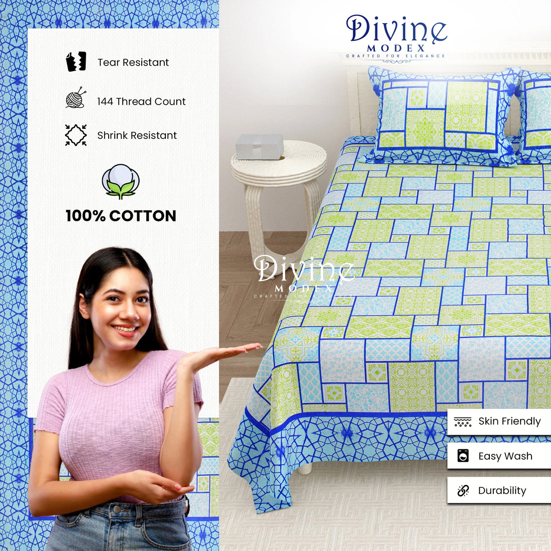 100% Pure Cotton 144 TC Printed Super King Bedsheet with 2 Pillow Covers - Blue and Yellow