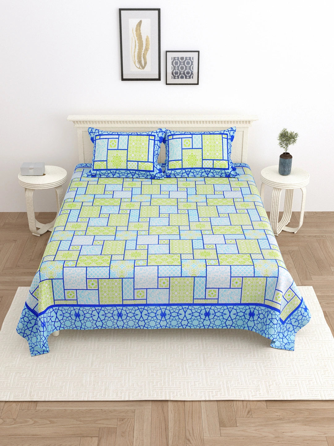 100% Pure Cotton 144 TC Printed Super King Bedsheet with 2 Pillow Covers - Blue and Yellow