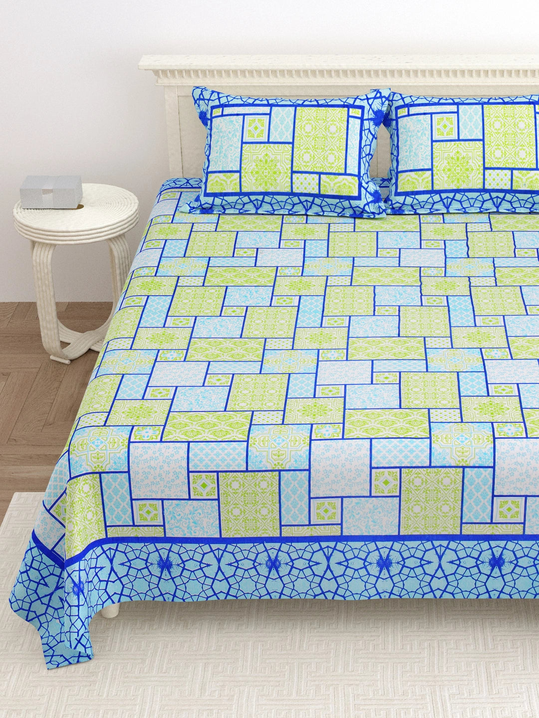 100% Pure Cotton 144 TC Printed Super King Bedsheet with 2 Pillow Covers - Blue and Yellow