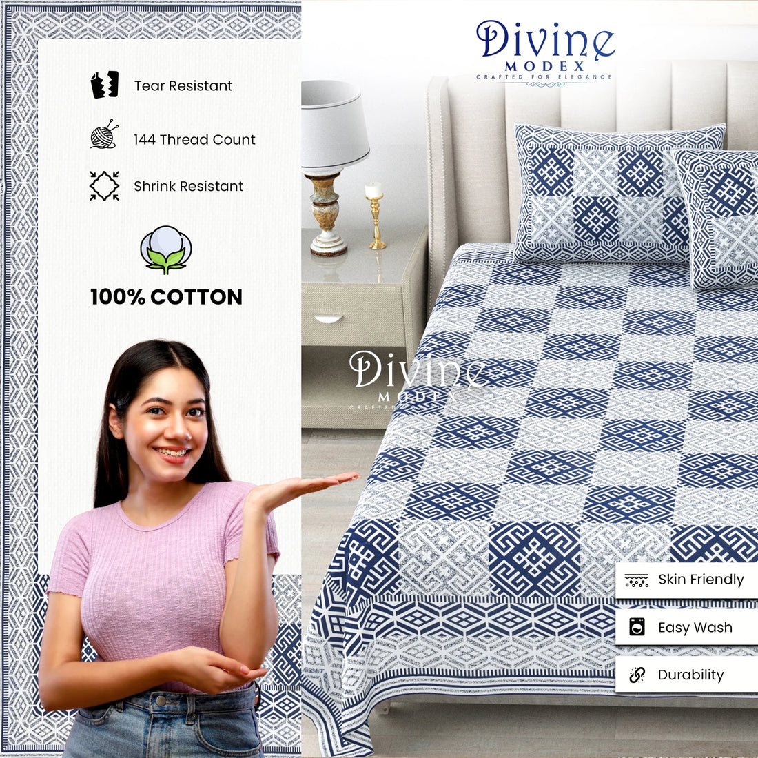 100% Pure Cotton 144 TC Printed King Bedsheet with 2 Pillow Covers - Blue and White