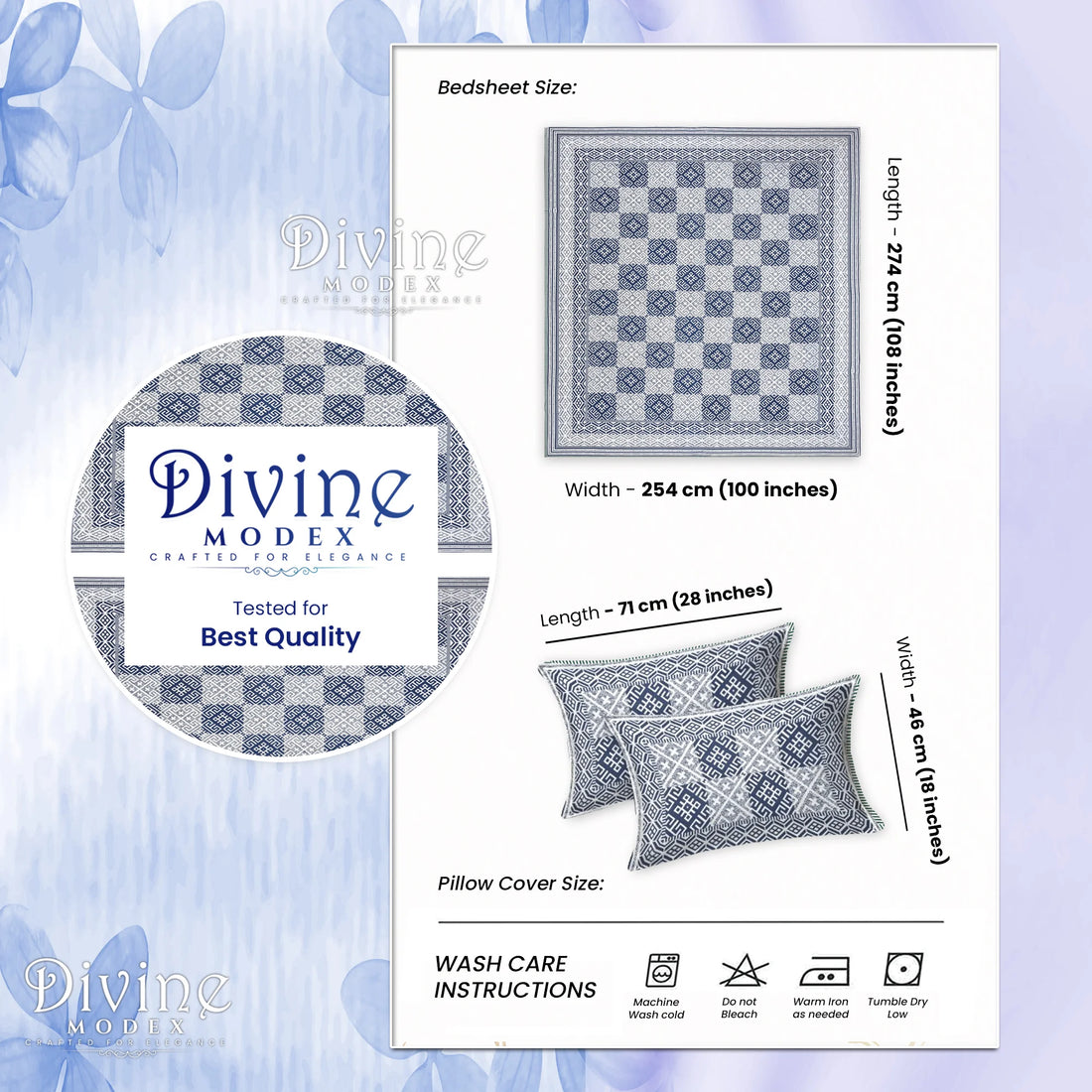 100% Pure Cotton 144 TC Printed King Bedsheet with 2 Pillow Covers - Blue and White