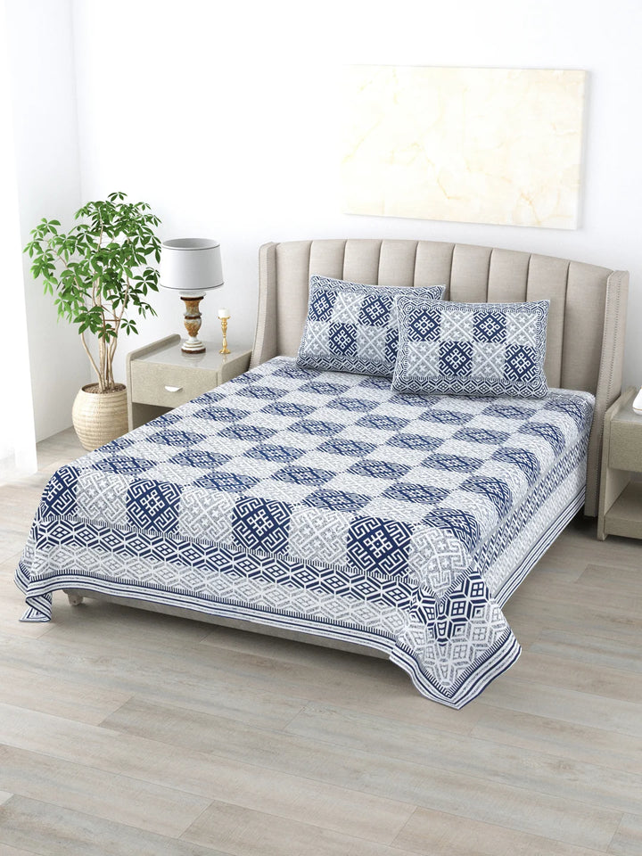 100% Pure Cotton 144 TC Printed King Bedsheet with 2 Pillow Covers - Blue and White