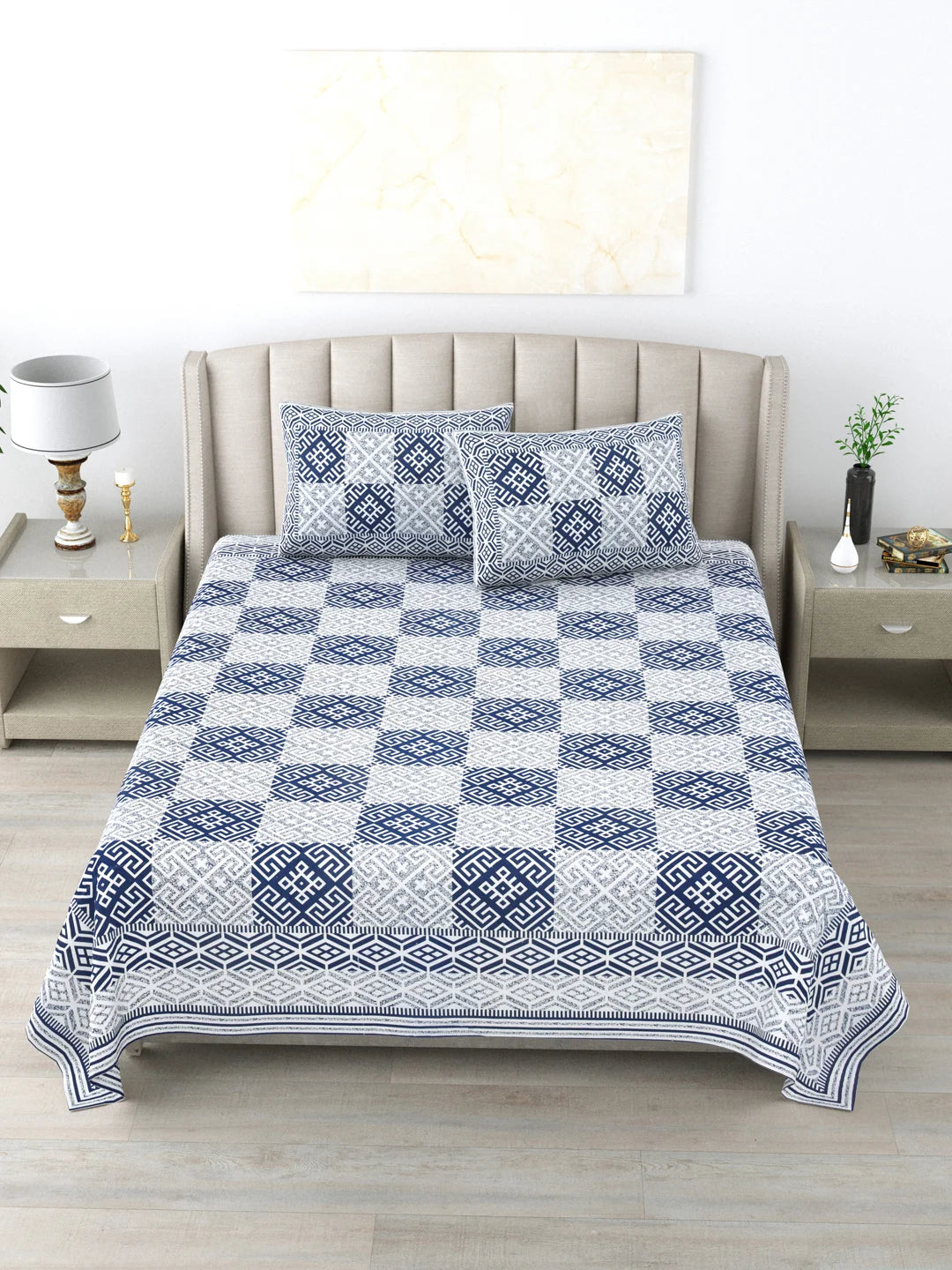 100% Pure Cotton 144 TC Printed King Bedsheet with 2 Pillow Covers - Blue and White