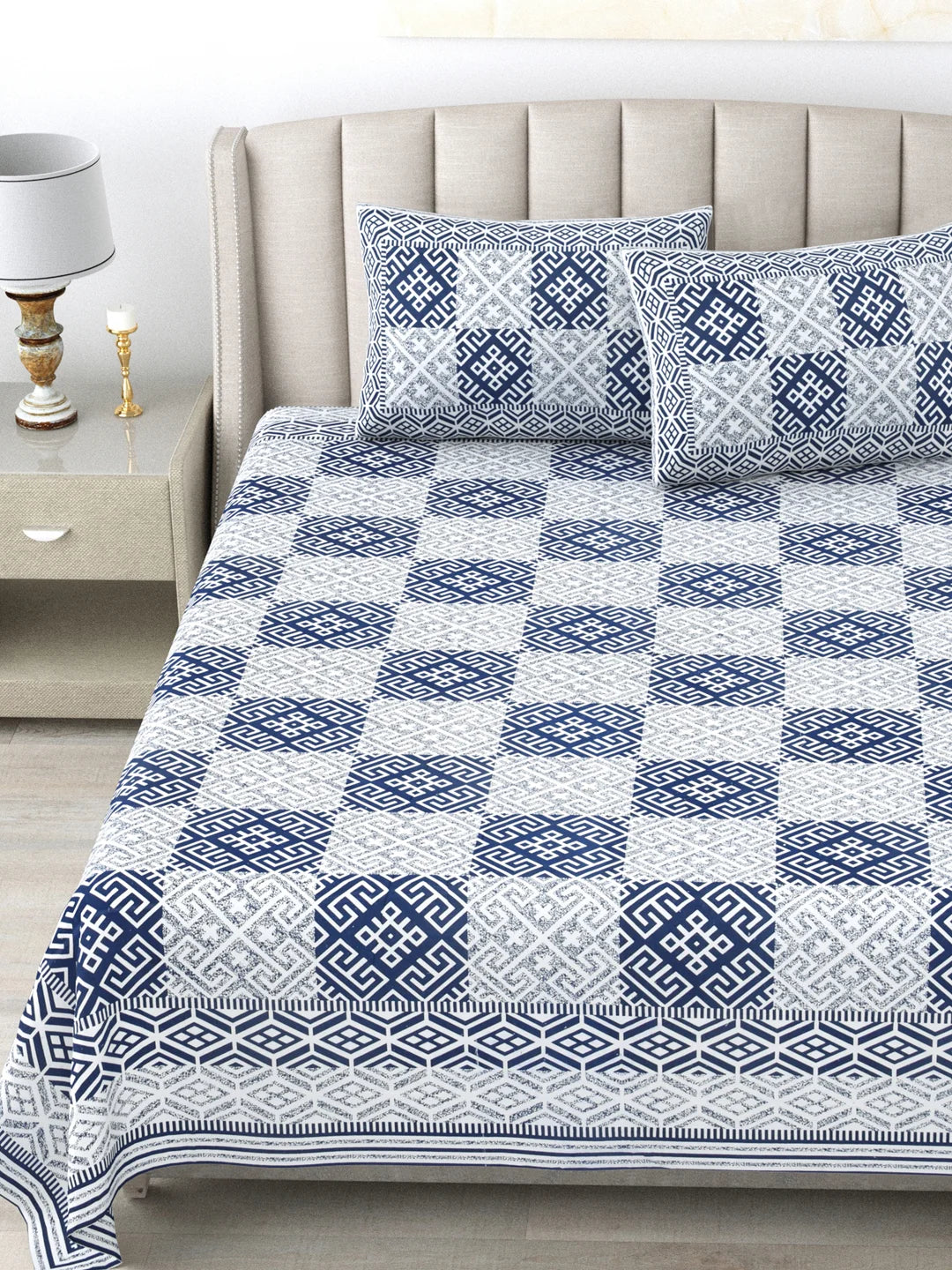 100% Pure Cotton 144 TC Printed King Bedsheet with 2 Pillow Covers - Blue and White