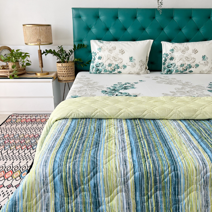 Cotton Bedsheet + AC Blanket Combo Pack - (Combo 16 - Majestic Aqua Green And Grey + London)